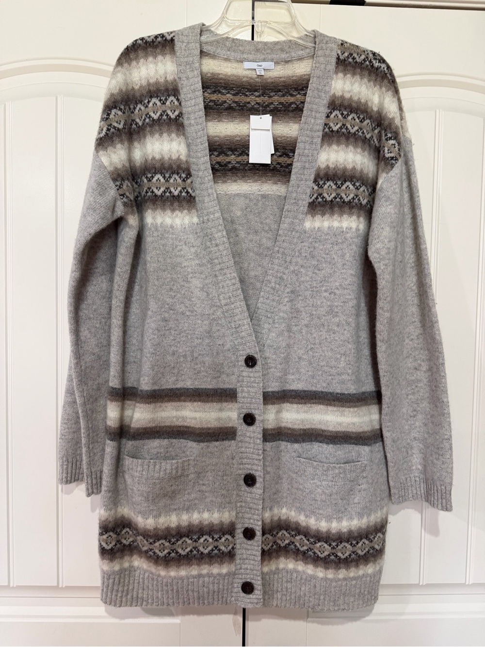 GAP Gray Cream Brown Patterned Long Button-Front Women's Cardigan